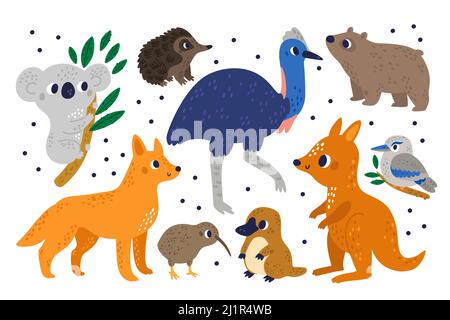Animaux exotiques australiens mignons. Mammifères marsupiaux et oiseaux de dessins animés. Caractères étranges. Kiwi et kookaburra. Kangourou ou ou wombat. Autruche koala et Illustration de Vecteur