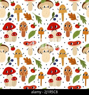 Motif champignons sans couture. Personnages amusants de dessins animés avec les yeux et les mains, plantes de forêt mignons, papier peint et imprimé pour enfants, éléments botaniques d'automne Illustration de Vecteur