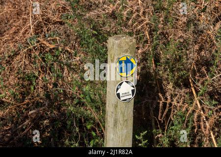 Un panneau de sentier public blanc sur noir et un bleu pont sur jaune, les deux disques sur un poteau en bois avec un saumâtre séché en arrière-plan Banque D'Images