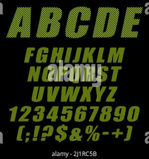 Alphabet, lettres, chiffres et signes verts, bandes kaki. Objets vectoriels isolés sur fond noir. Illustration de Vecteur