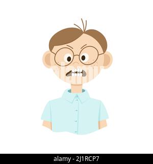 Dessin d'un homme de dessin animé en lunettes avec des émotions sur son visage. Style Doodle Illustration de Vecteur