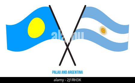 Palau et Argentina drapeaux croisés et ondulant le style plat. Proportion officielle. Corriger les couleurs. Banque D'Images