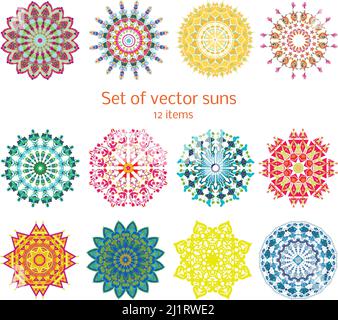 Ensemble coloré décoratif de soleil d'été ensemble de différentes couleurs et illustration de vecteur isolé de structure répétée Illustration de Vecteur