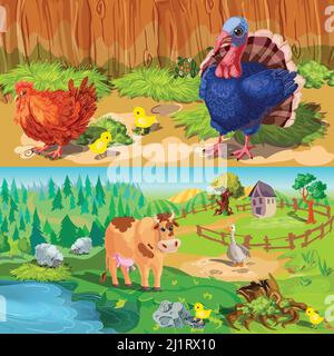 Deux banderoles horizontales avec animaux de la ferme de dessin animé et barndoow illustration vectorielle paysage de campagne colorée Illustration de Vecteur
