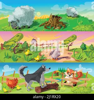 Dessins animés animaux trois bannières horizontales ensemble avec des moutons dans le champ volaille et chien défendant le poulet du renard illustration vectorielle Illustration de Vecteur