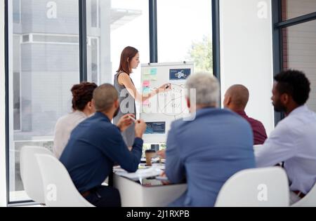 Mettre leurs plans en perspective. Photo d'un groupe de collègues ayant une présentation au travail. Banque D'Images