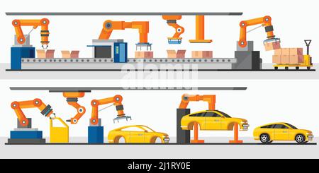 Bannières horizontales pour robots d'automatisation industrielle avec emballage et machines automatisés illustration vectorielle des processus de production Illustration de Vecteur