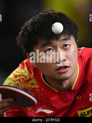 Doha, Qatar. 27th mars 2022. Zhao Zihao, de Chine, sert pendant le match des hommes célibataires de 48 entre Zhao Zihao, de Chine, et un Jaehyun, de Corée du Sud, au concours WTT Star Doha 2022 à Doha, Qatar, le 27 mars 2022. Credit: Nikku/Xinhua/Alay Live News Banque D'Images