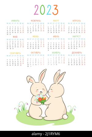 Calendrier 2023 en russe avec lapin, organisateur de 12 mois. Couple lapin donner le bouquet de fleurs avec amour. Personnage puérile symbole mascotte année. Modèle de dessin animé plat, joli vecteur d'affiche lièvre Illustration de Vecteur