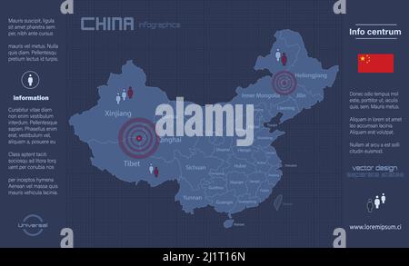 Carte de la Chine, régions séparées avec noms, infographics bleu plat design vecteur Illustration de Vecteur