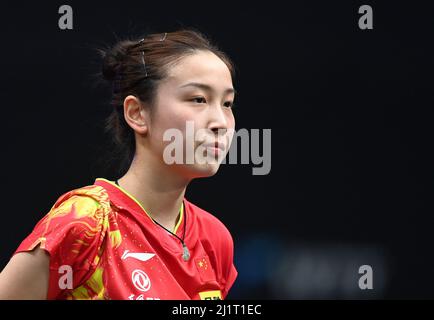 Doha, Qatar. 27th mars 2022. Qian Tianyi de Chine réagit lors du match de 64 entre Qian Tianyi de Chine et Manika Batra de l'Inde au concours WTT Star Doha 2022 à Doha, Qatar, le 27 mars 2022. Credit: Nikku/Xinhua/Alay Live News Banque D'Images