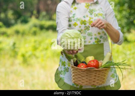 Une femme avec un chou dans ses mains et un panier de légumes, dans une ferme ou un potager. Le concept de la récolte ou de la vente de légumes. Wi Banque D'Images