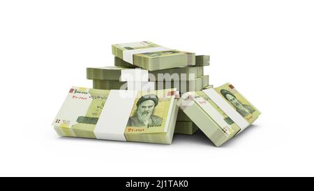 3D rendu de la pile de 100000 notes riales iraniennes. Lots de billets en monnaie iranienne isolés sur fond blanc Banque D'Images