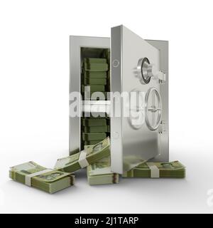 Paquets de 100000 rials iraniens dans un coffre-fort en acier. 3D rendu de piles d'argent à l'intérieur d'une voûte métallique isolée sur fond blanc, Financial protec Banque D'Images