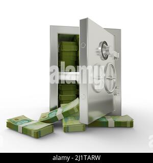 Paquets de 10000 rials iraniens dans un coffre-fort en acier. 3D rendu de piles d'argent à l'intérieur d'une voûte métallique isolée sur fond blanc, Financial Protect Banque D'Images