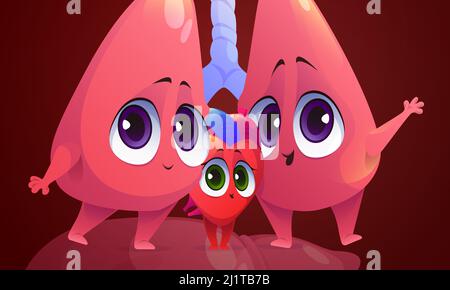 Personnages mignons des poumons et du coeur, des organes internes humains. Dessin animé vectoriel illustration médicale du système pulmonaire et cardiovasculaire, partie thoracique de l'anatomie du corps Illustration de Vecteur
