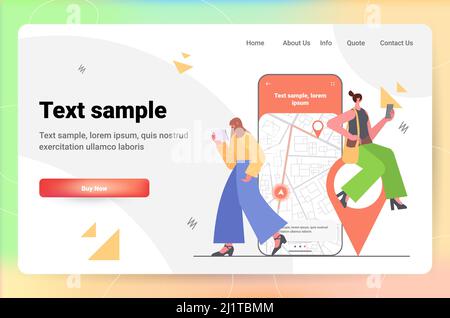 Femmes utilisant l'application de navigation en ligne sur les appareils numériques, les filles explorant un itinéraire avec des pointeurs GPS de localisation Illustration de Vecteur
