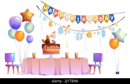 Enfants fête d'anniversaire décoration, gâteau de fête avec bougie de quatre ans sur la table avec assiettes et verres, chaises, ballons bunches et guirlande isolait Illustration de Vecteur