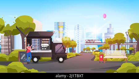vendeur en masque se tenant près du petit marché alimentaire de rue de bus avec des cupcakes et du café dans le parc urbain paysage urbain Illustration de Vecteur