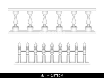 Balustrade en marbre, balustrades blanches pour balcon ou mains courantes. Cloisons ou clôtures avec piliers décoratifs. Balustres pour panneaux pour la conception architecturale Illustration de Vecteur