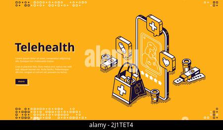 Bannière de télésanté. Consultation médicale en ligne avec un médecin sur téléphone portable. Page de renvoi Vector des services de télésanté avec smartphone isométrique, appel Illustration de Vecteur