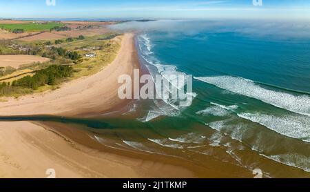 Vue aérienne depuis drone de Lunan Beach à Lunan Bay, sur la côte d'Angus, en Écosse, au Royaume-Uni Banque D'Images