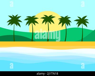 Plage avec palmiers, soleil et collines verdoyantes. Heure d'été. Paysage tropical dans un style plat. Côte. Design pour bannières, affiches et articles promotionnels Illustration de Vecteur