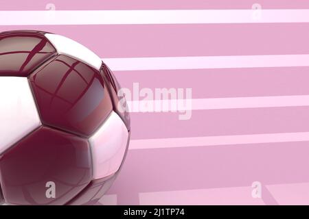 3D ballons de football classiques aux couleurs violet et blanc brillant sur fond de rayures roses Banque D'Images