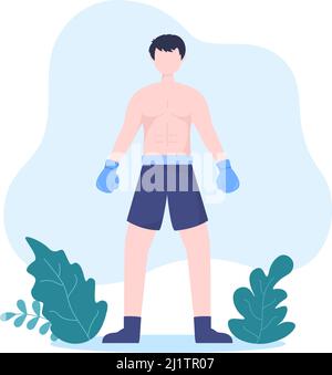 Sport de boxe professionnel portant un boxer, un anneau, une ceinture, des sacs à perforer, des gants rouges et un casque lors de compétitions, de compétitions ou d'exercices sur une illustration plate Illustration de Vecteur