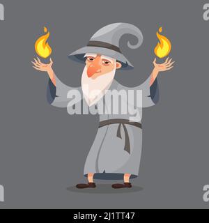 Assistant avec le feu dans ses mains. Ancien personnage magique. Illustration de Vecteur