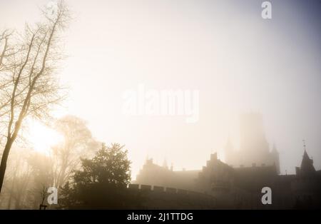 Pattensen, Allemagne. 28th mars 2022. De denses nuages de brouillard survoguez le château de Marienburg dans la région de Hanovre en début de matinée au lever du soleil. Credit: Julian Stratenschulte/dpa/Alay Live News Banque D'Images