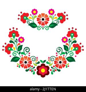 Ensemble de fleurs vectorielles style art traditionnel mexicain, collection de motifs avec fleurs rouges, roses et orange inspirées de l'embro traditionnel Illustration de Vecteur