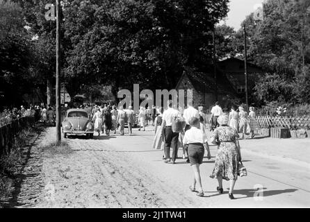 Besucher in der Lüneburger Heide, 1957. Visiteurs à Lüneburg Heath, 1957. Banque D'Images