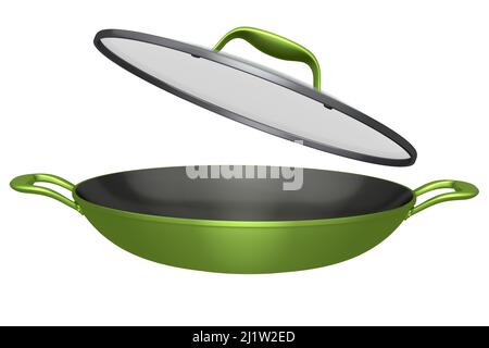 Poêle ou wok avec couvercle en verre sur fond blanc, ustensiles de cuisine antiadhésifs Banque D'Images