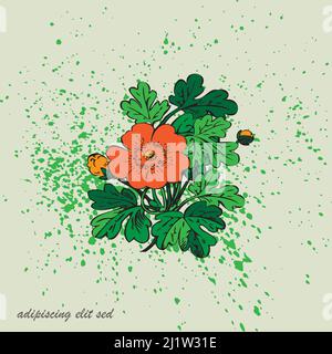 Bush de fleurs sur fond blanc. Fleurs d'hibiscus rouges dessinées et feuillage vert, illustration vectorielle artistique. Motif floral tendance avec Illustration de Vecteur