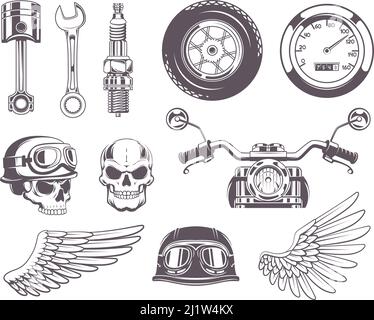 Badges de motocyclettes. Étiquettes de moto de voyage pour les motards club choppers crâne tatouage exact vecteur monochrome modèles Illustration de Vecteur