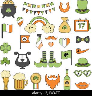 St patrick. Design coloré Lucky éléments trèfle chapeau leprechaun Golden coins collection récente de vecteur dans le style plat Illustration de Vecteur