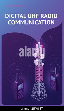 Bandeau isométrique de communication radio UHF numérique, tour de télécommunication et talkie-walkie avec antennes rayonnent d'ondes. Équipement émetteur pour télétéléphonie sans fil Illustration de Vecteur