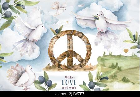 branche de colombe et d'olive, signe de paix, illustration d'aquarelle, oiseau aquarelle, colombe de mouches de paix, pas de guerre, amour, olives, ciel paisible, clipart Banque D'Images