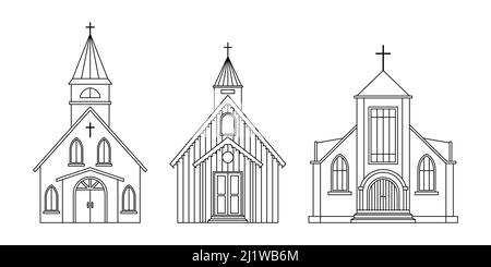 Ensemble vectoriel d'illustrations de l'Église protestante. Bâtiment architectural religieux. Contour Illustration de Vecteur