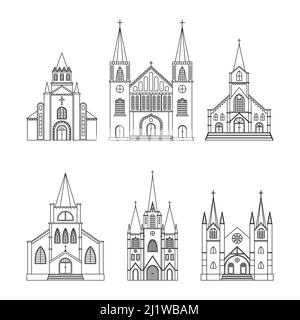 Ensemble vectoriel d'illustrations d'églises catholiques. Bâtiment architectural religieux. Contour Illustration de Vecteur