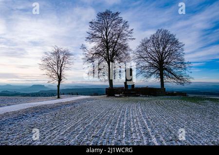 La formation d'arbres Hohenburkersdorfer Linde et un monument Napoléon dans le Parc National de la Suisse saxonne après la chute de neige en automne. Banque D'Images