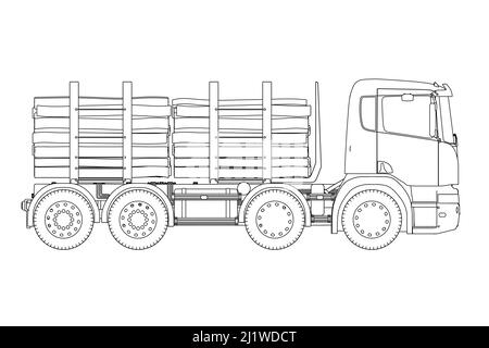 Contour détaillé d'un chariot avec du bois à partir de lignes noires isolées sur un fond blanc. Vue latérale. Illustration vectorielle. Illustration de Vecteur