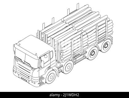 Contour détaillé d'un chariot avec du bois à partir de lignes noires isolées sur un fond blanc. Vue isométrique. Illustration vectorielle. Illustration de Vecteur