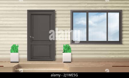 Porte d'entrée, entrée de la maison, façade de la maison décorée avec parement, fenêtre et plantes en pot à l'escalier. Cottage, construction de campagne design extérieur avec Illustration de Vecteur
