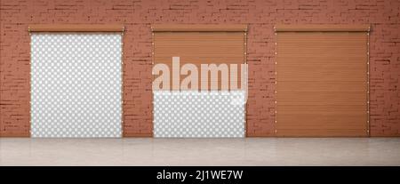 Porte avec volet roulant marron dans un mur de briques. Vector Realistic ensemble de rouleaux fermés et ouverts vers le haut pour porte de garage ou d'entrepôt. Façade de bâtiment avec bl Illustration de Vecteur