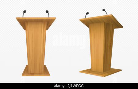 Vue latérale avant de la chaire en bois, du podium ou de la tribune. Tribune avec microphone pour les débats de conférence, trophée isolé sur transparent. Présentation commerciale Illustration de Vecteur