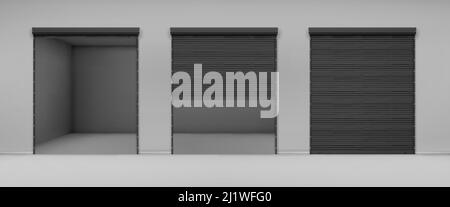 Porte avec volet roulant noir sur mur gris. Scénario illustration réaliste du couloir dans un garage ou un entrepôt avec des stores fermés et ouverts enroulé vers le haut. B Illustration de Vecteur