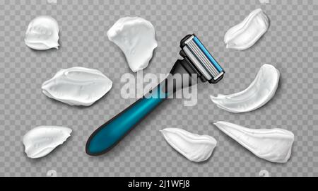 Mouvements de mousse de rasage et lame de rasoir de sécurité. Hommes cosmétiques éléments promotionnels rasoir et frottis de crème. Produit cosmétique de soins du corps isolé sur transp Illustration de Vecteur
