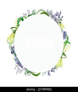 Violet, bleu, blanc fleurs de printemps aquarelle cadre d'illustration sur fond blanc. Plantes sauvages peintes à la main muscari. primula, composition en gouttes de neige Banque D'Images